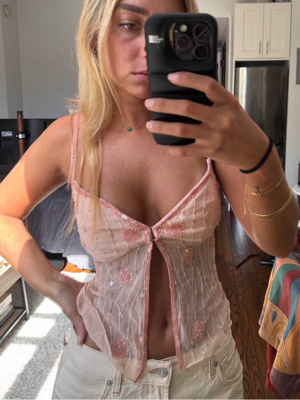 Mirror Palais Beaded Pink Sheer Embroidered Camisole - Picture 5 of 5
